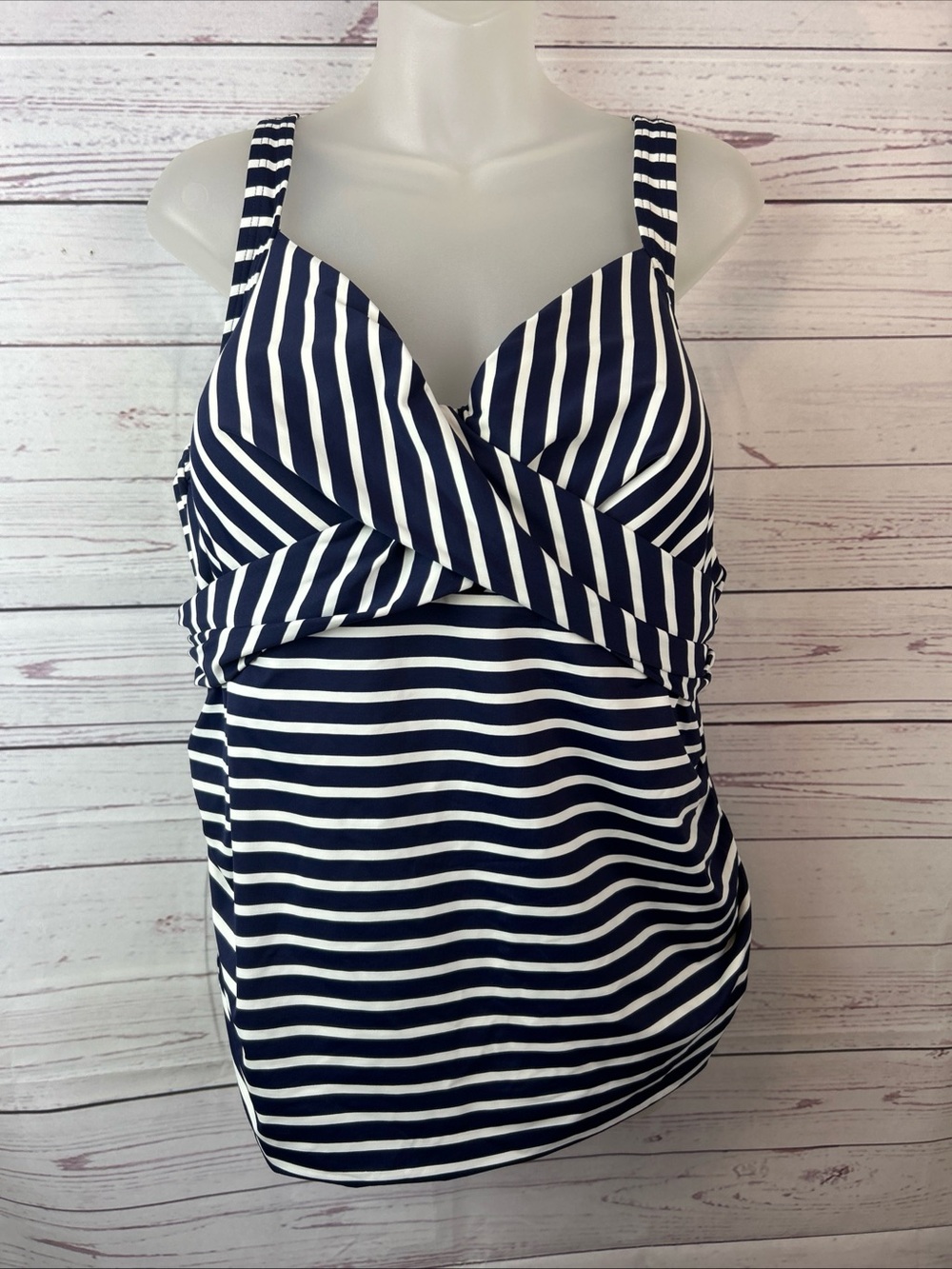 Lands End Tankini Swimsuit Top Blue White Stripe Twist Top Size 20 DD Underwire